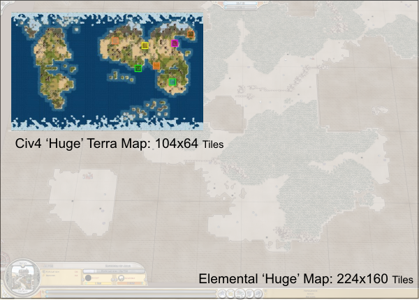 In Civilization 4, the largest default map size Huge” is 104x64 tiles
